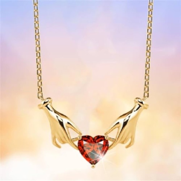 Moon Goddess Emporium Jewelry - 18K Gold Plated Claddagh Inspired Hands Holding Gemstone Heart Necklace